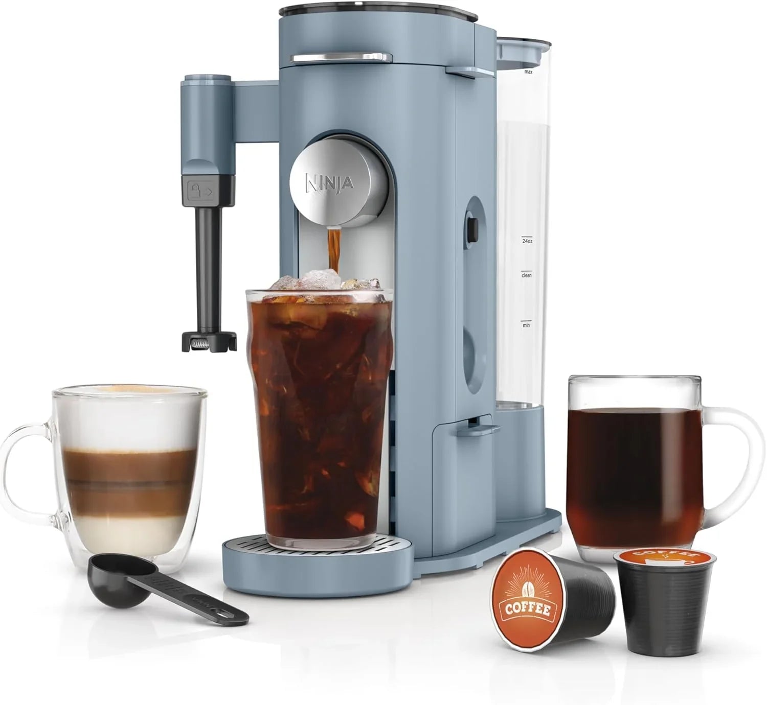 2025 Cafetera de porción individual Ninja Pods & Grounds, compatible con K-Cup, prepara café molido o cápsulas, diseño compacto, depósito de 56 oz, tamaños de taza de 6 oz a 24 oz para viaje, café frío, color piedra, modelo PB041ST