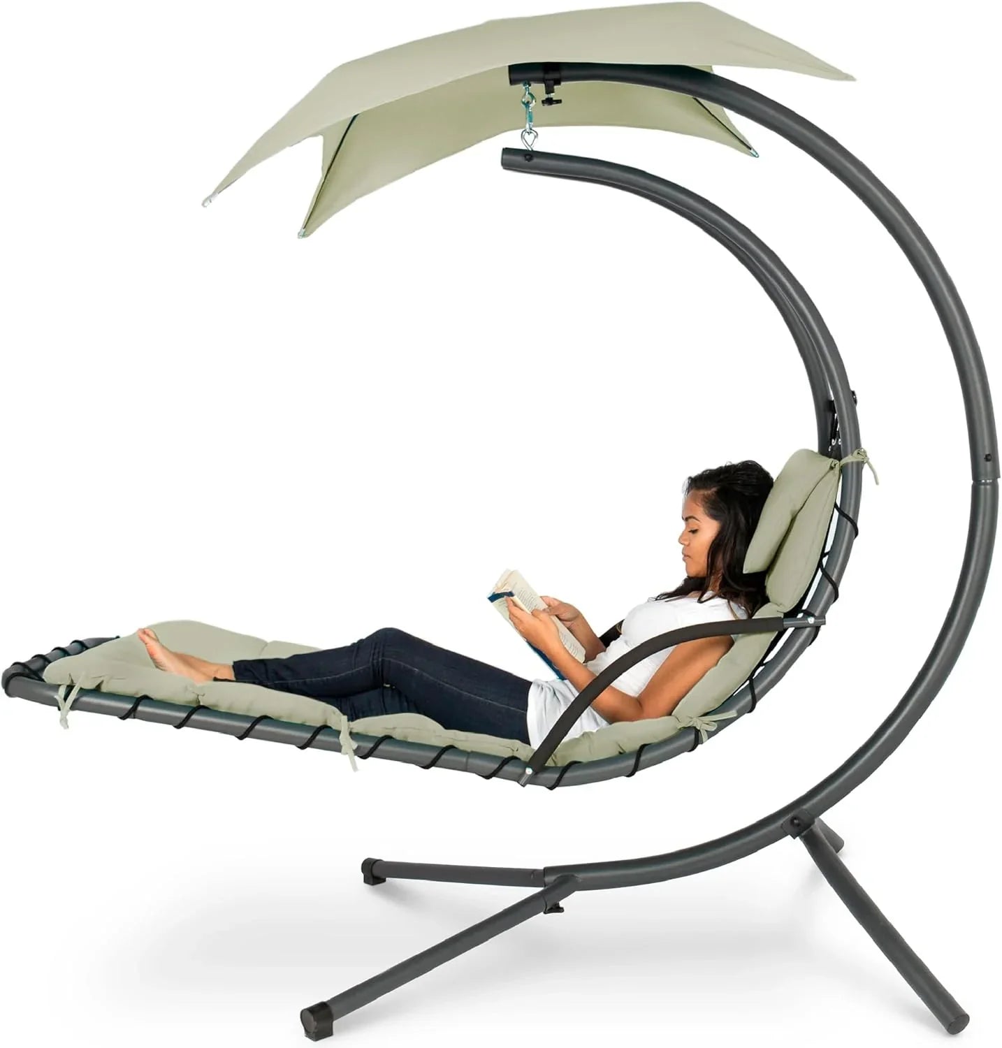 Chaise Longue Suspendue de Exterior Best Choice Products – Silla Balancín Curvada de Acero con Cojín Integrado y Toldo Desmontable – Gris Carbón