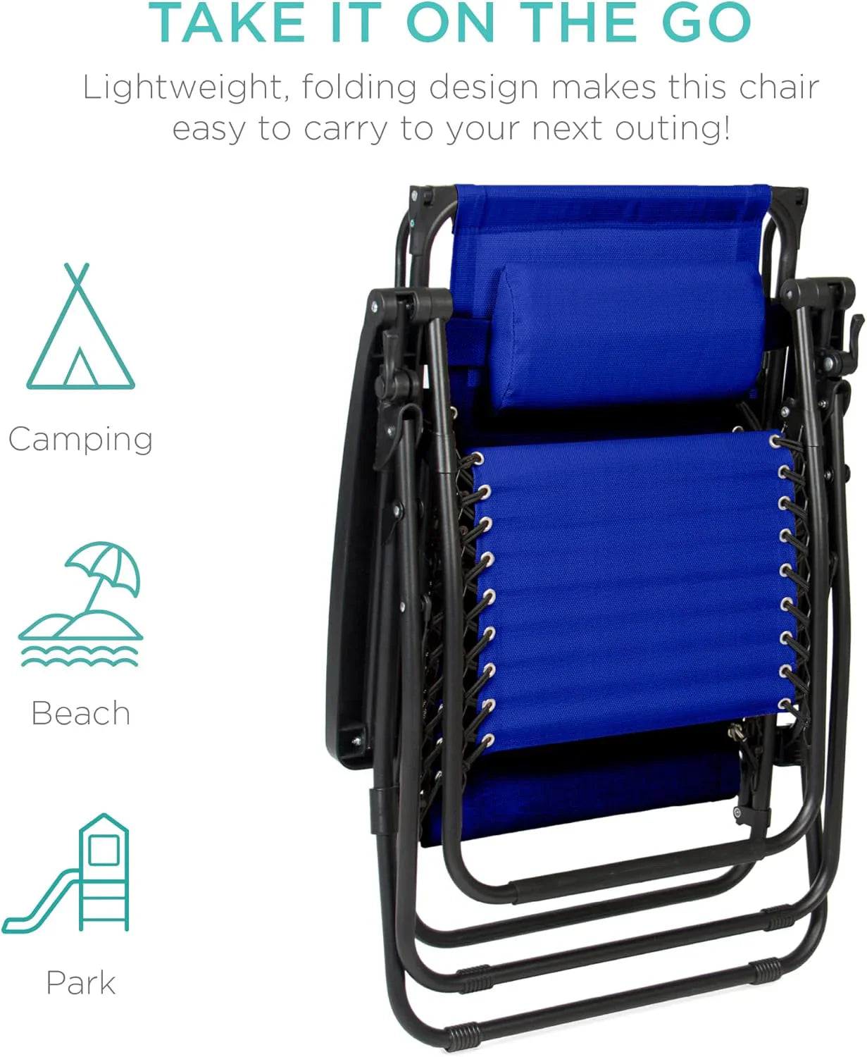 Best Choice Products – Silla Reclinable de Patio con Gravedad Cero, Ajustable y Plegable para Exteriores con Dosel, Almohada Cervical y Bandeja Lateral, Textileno – Azul Pavo Real