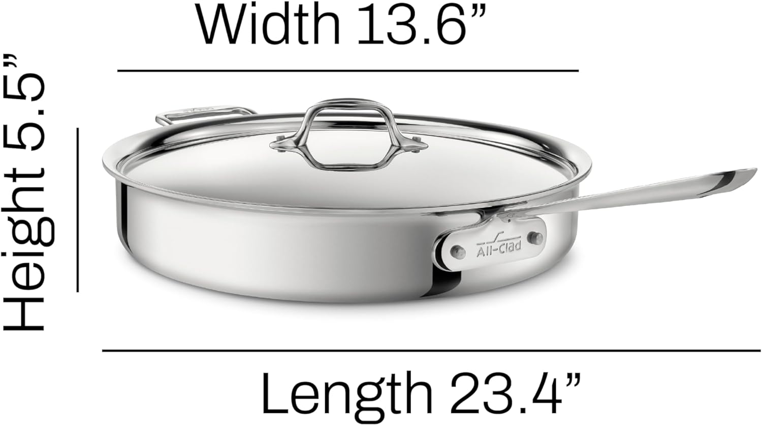 All-Clad D3 Sartén para Saltear de Acero Inoxidable de 3 Capas, 6 Cuartos, Compatible con Inducción, Horno y Grill hasta 600°F, Ollas y Sartenes, Color Plateado