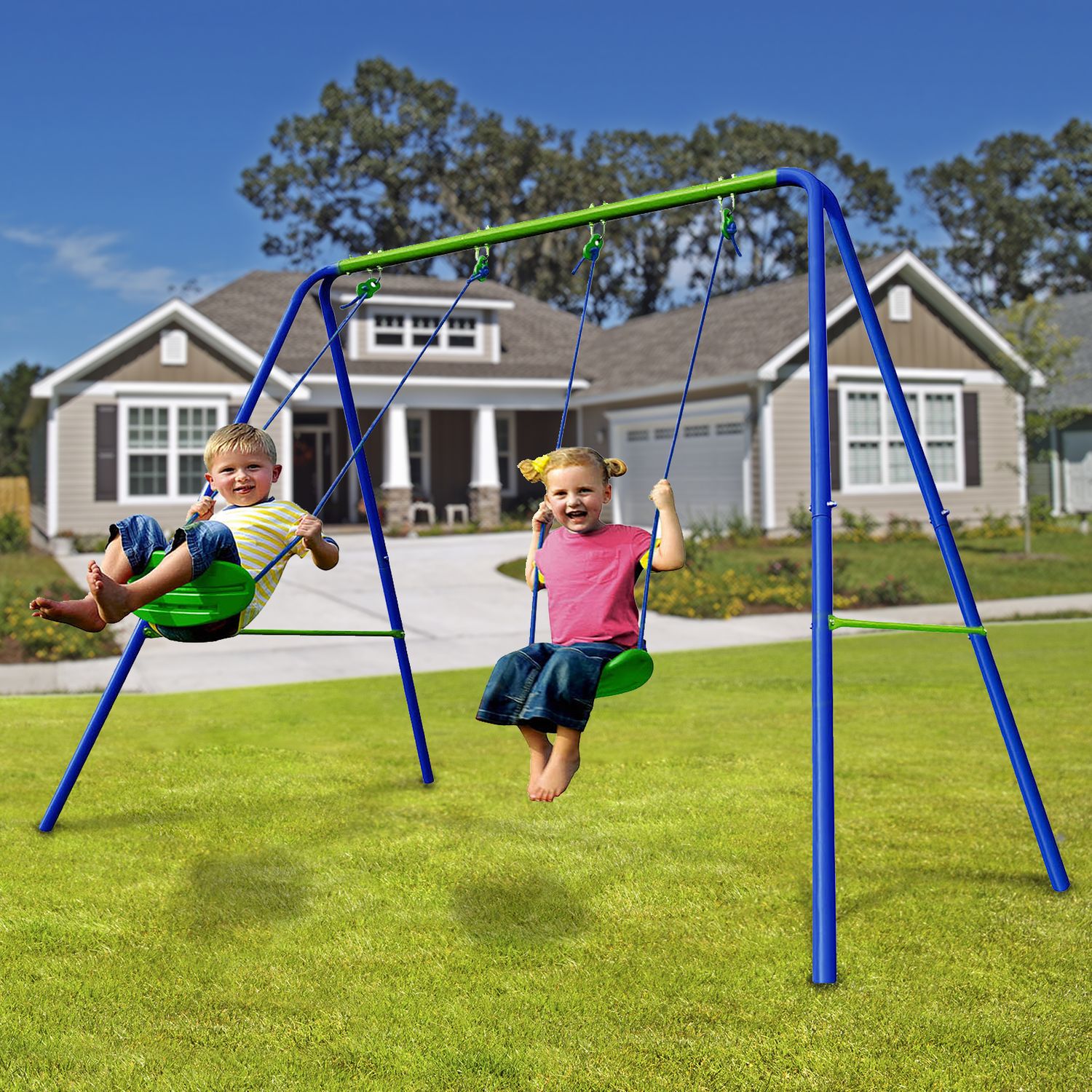 Columpio Doble Infantil Para Jardín + 3 Años Juego Para Niños De Metal Outdoor Toys 220x138x182 Cm Carga Hasta 45 Kg