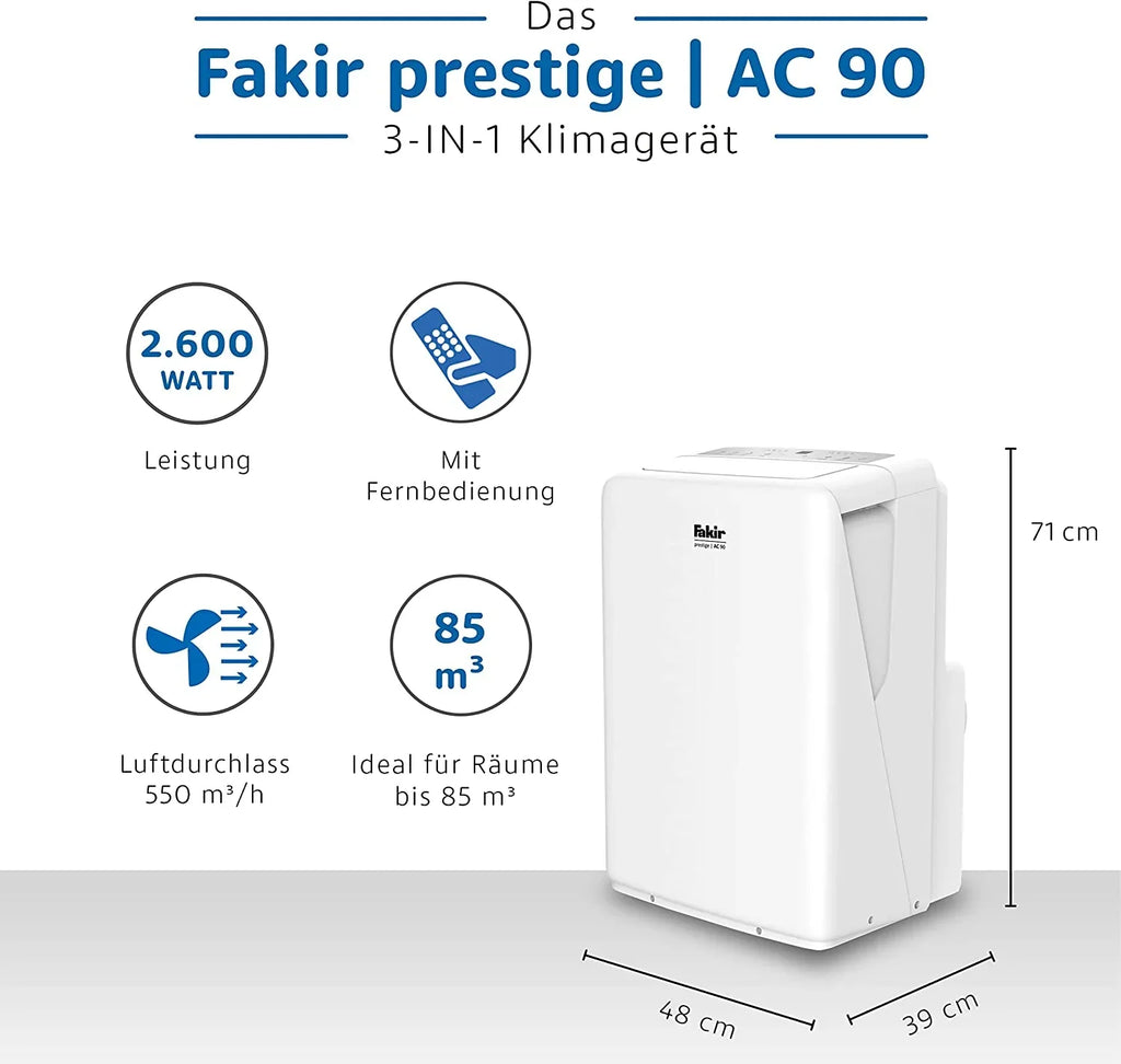 2025 Fakir Prestige AC 90 – Aire Acondicionado Móvil | Enfriador de Aire con 3 Modos de Viento + Función Automática, Temporizador y Control Remoto | Ventilador Auxiliar para Estancias de Hasta 85 m³ | Blanco | 2600 Vatios