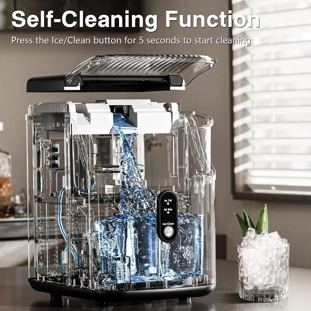 2025 Máquina de hielo tipo nugget para encimera, hielo en trozos masticables, 15 kg/24 h, autolimpiante, hielo sónico, operación con un solo botón, para cocina u oficina, acero inoxidable plateado