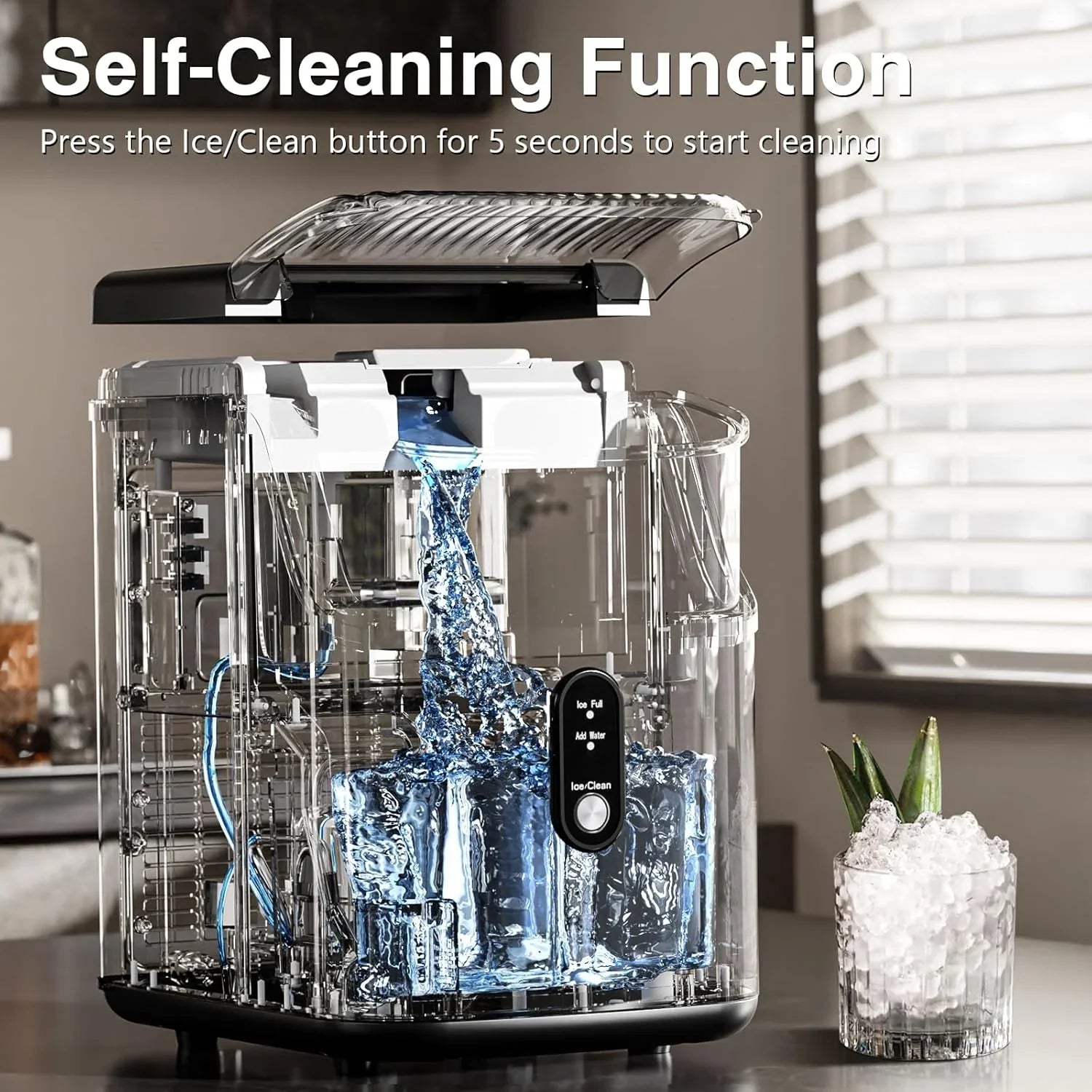 2025 Máquina de hielo tipo nugget para encimera, hielo en trozos masticables, 15 kg/24 h, autolimpiante, hielo sónico, operación con un solo botón, para cocina u oficina, acero inoxidable plateado
