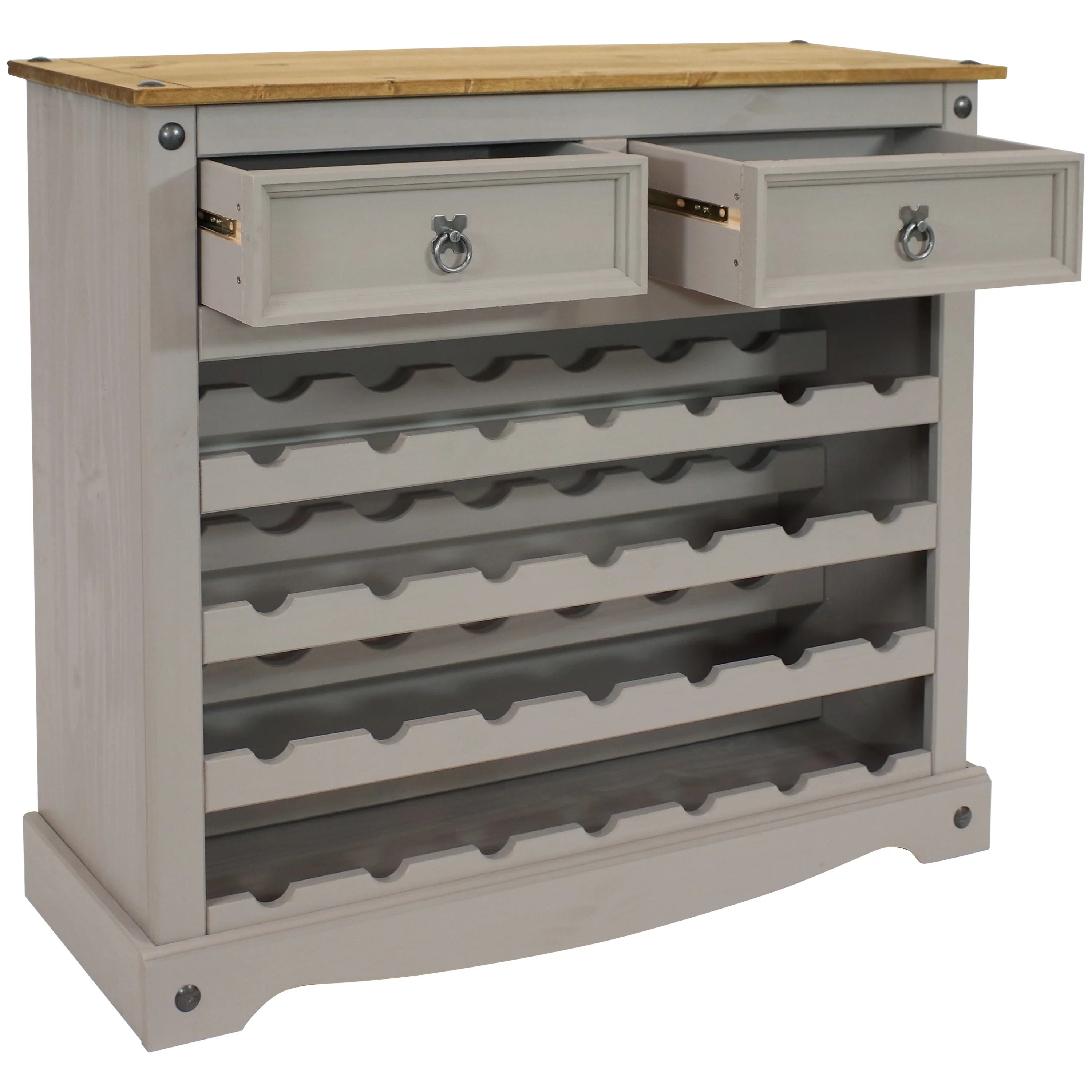 2025 Mesa estante para vino de pino macizo Sunnydaze – 28 botellas, gris, 88 cm