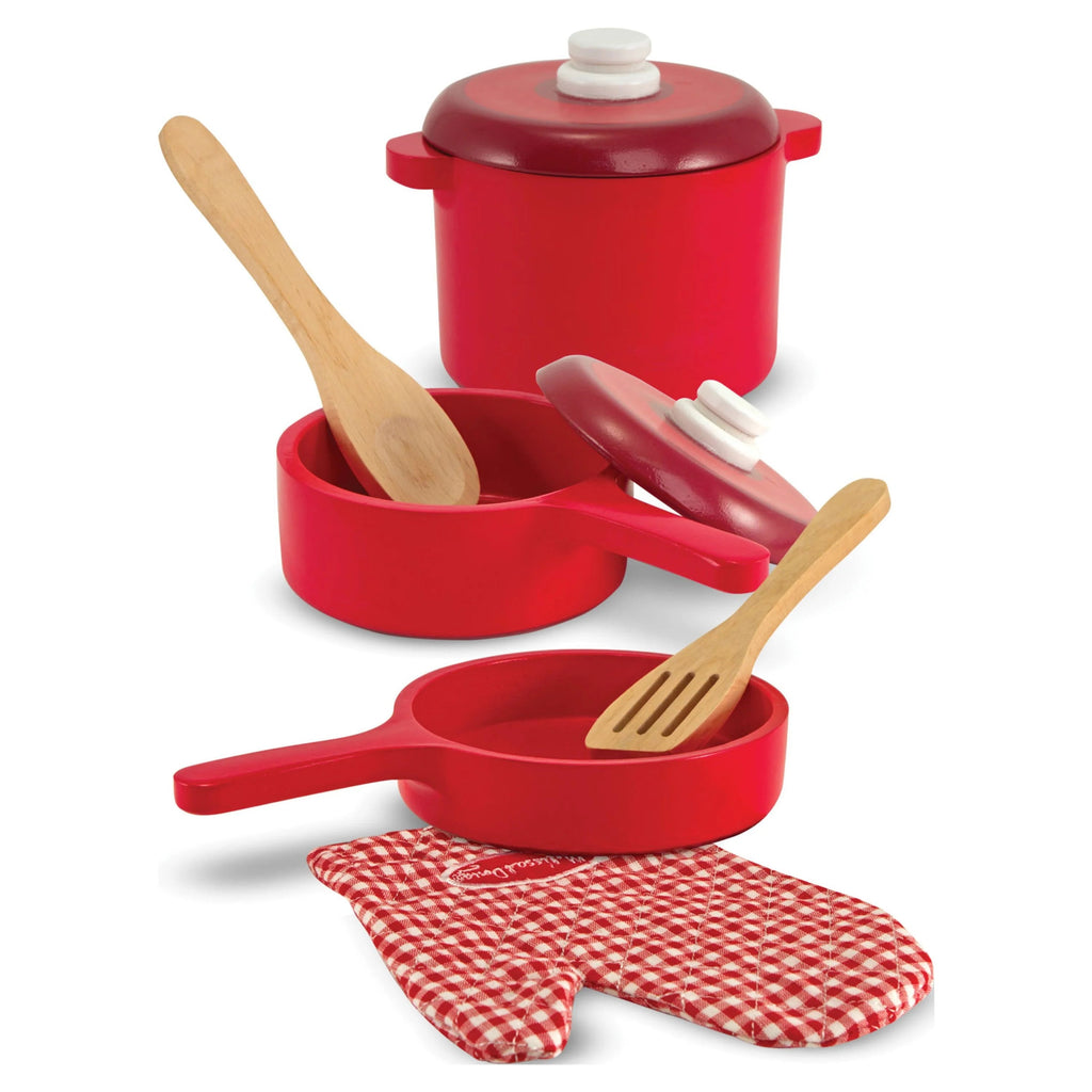 Melissa & Doug Set de Juego de Accesorios de Cocina de Madera Deluxe – Ollas y Sartenes (8 piezas)