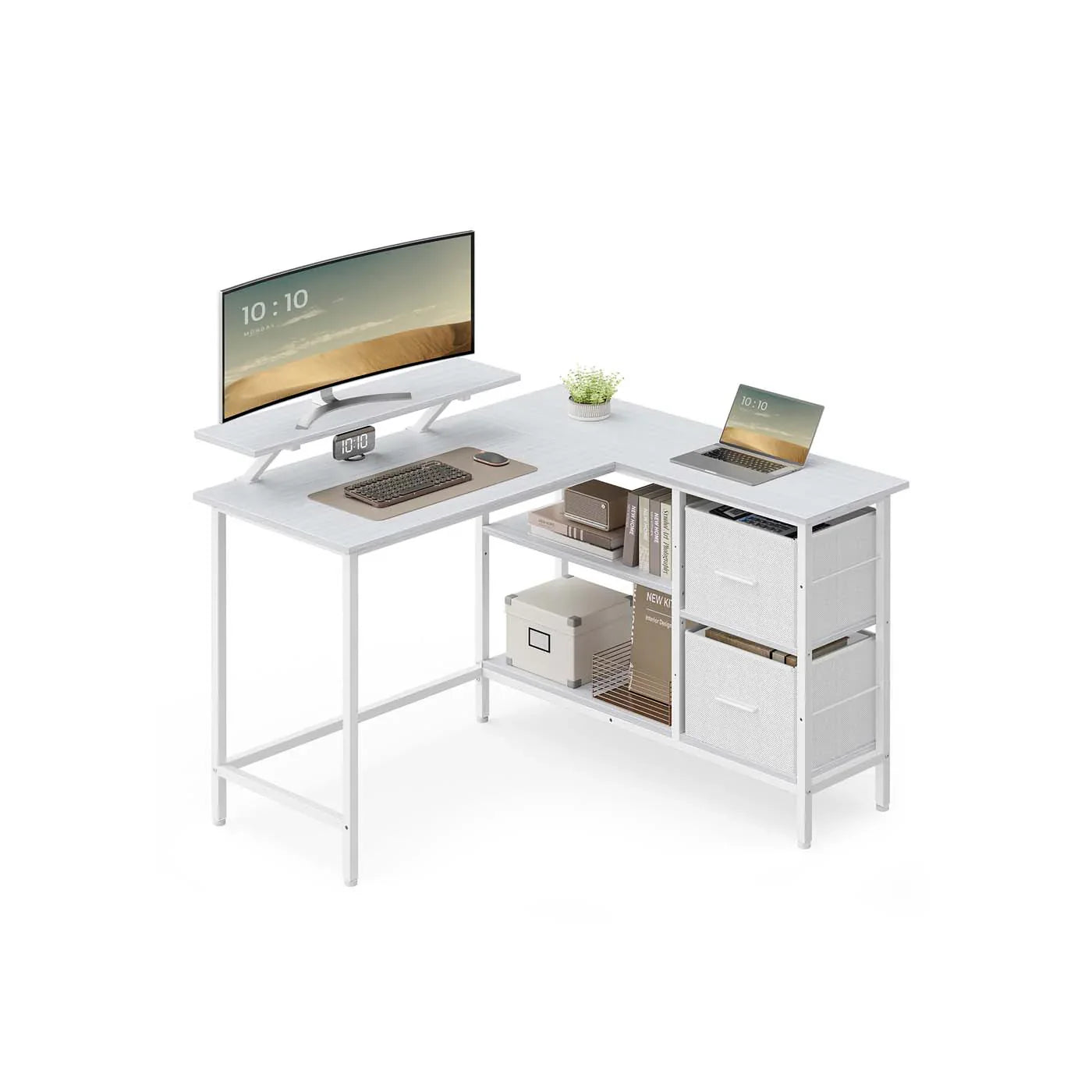 Escritorio en Forma de L con Amplios Cajones con Soporte para Monitor