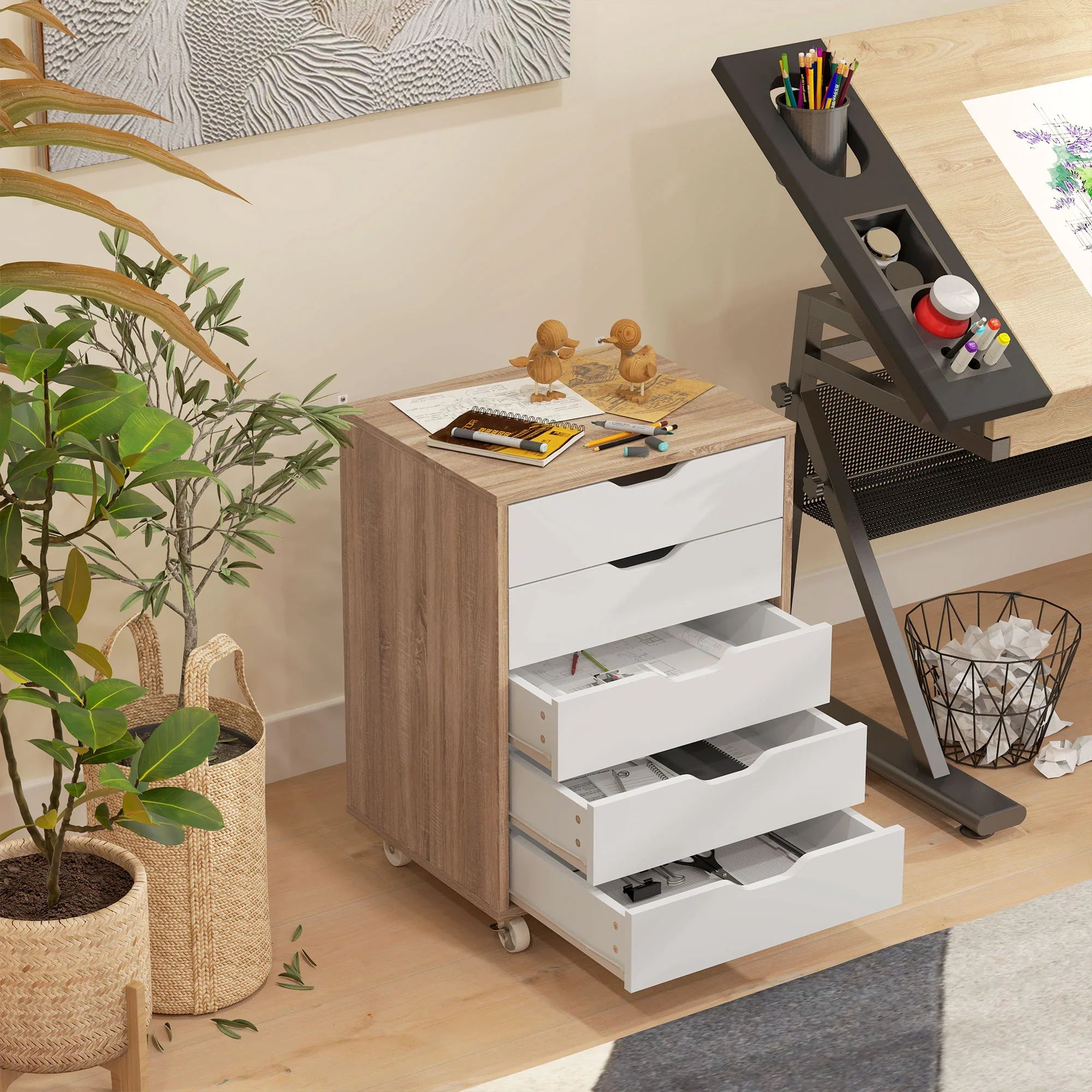 Cajonera Vertical de 5 Cajones, Mueble de Oficina Móvil con Ruedas, Roble
