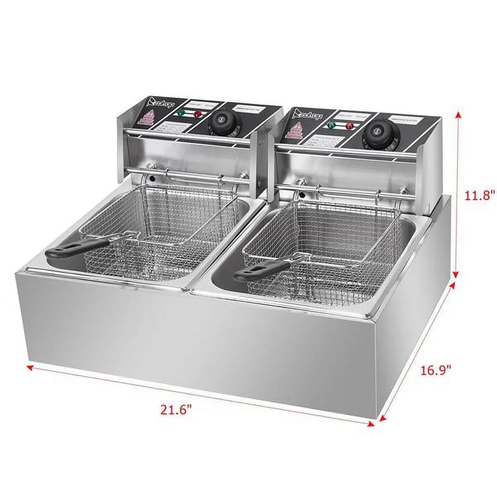 Freidora eléctrica de sobremesa con doble tanque de acero inoxidable - Gran capacidad - Electrodoméstico de sobremesa - Freidora industrial con tanque grande para papas fritas (12.7 cuartos/12 L, 5000 W)