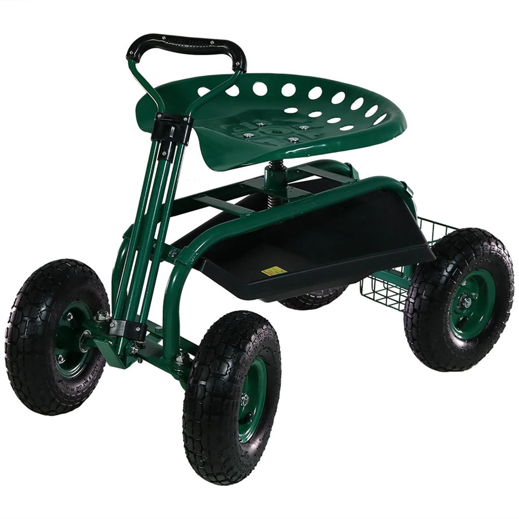 2025 Carrito de Jardín Rodante Sunnydaze con Asiento Giratorio y Manillar de Dirección