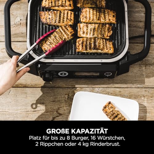 2025 Ninja Woodfire Grill Eléctrico & Ahumador & Freidora de Aire, Parrilla Exterior 7 en 1, Air Fry, Ahumado, Asado, Cocción, Resistente a la Intemperie, Antiadherente, Portátil, Eléctrico, Gris/Negro OG701EU